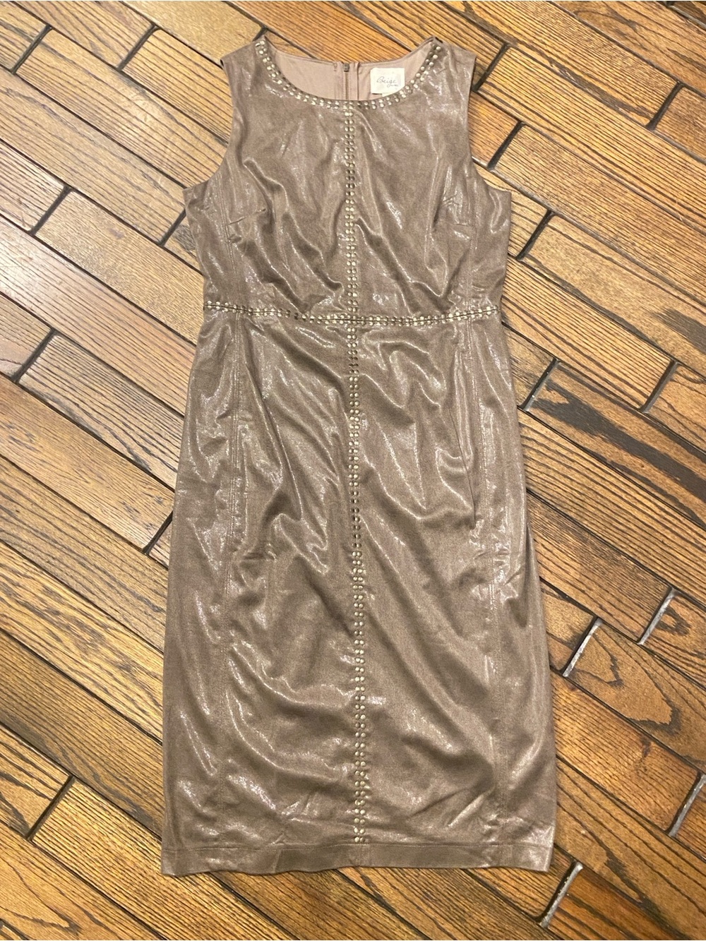 Beige by eci Metallic Taupe Sheath Dress with Stud Accents
